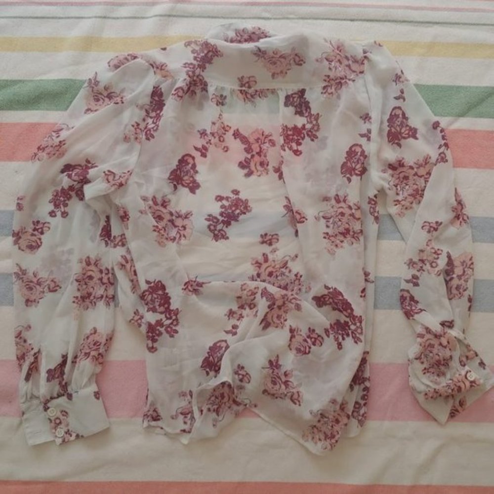 Modcloth Be Buzzworthy White Chiffon Blouse Floral - Picture 13 of 15